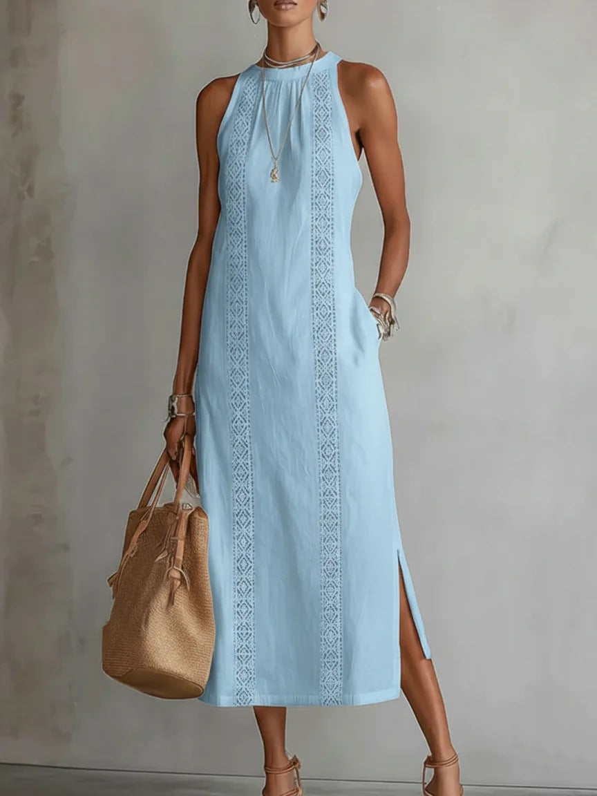 Robe d'été sans manches à col licou et patchwork de dentelle pour femme, style vacances