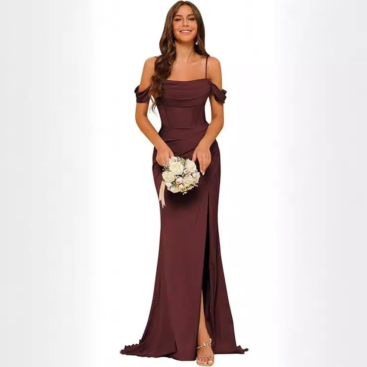 Robe de bal corset en satin épaules dénudées pour demoiselle d'honneur