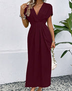 Robe longue unie à col en V profond, manches à épaules plissées et taille élastique