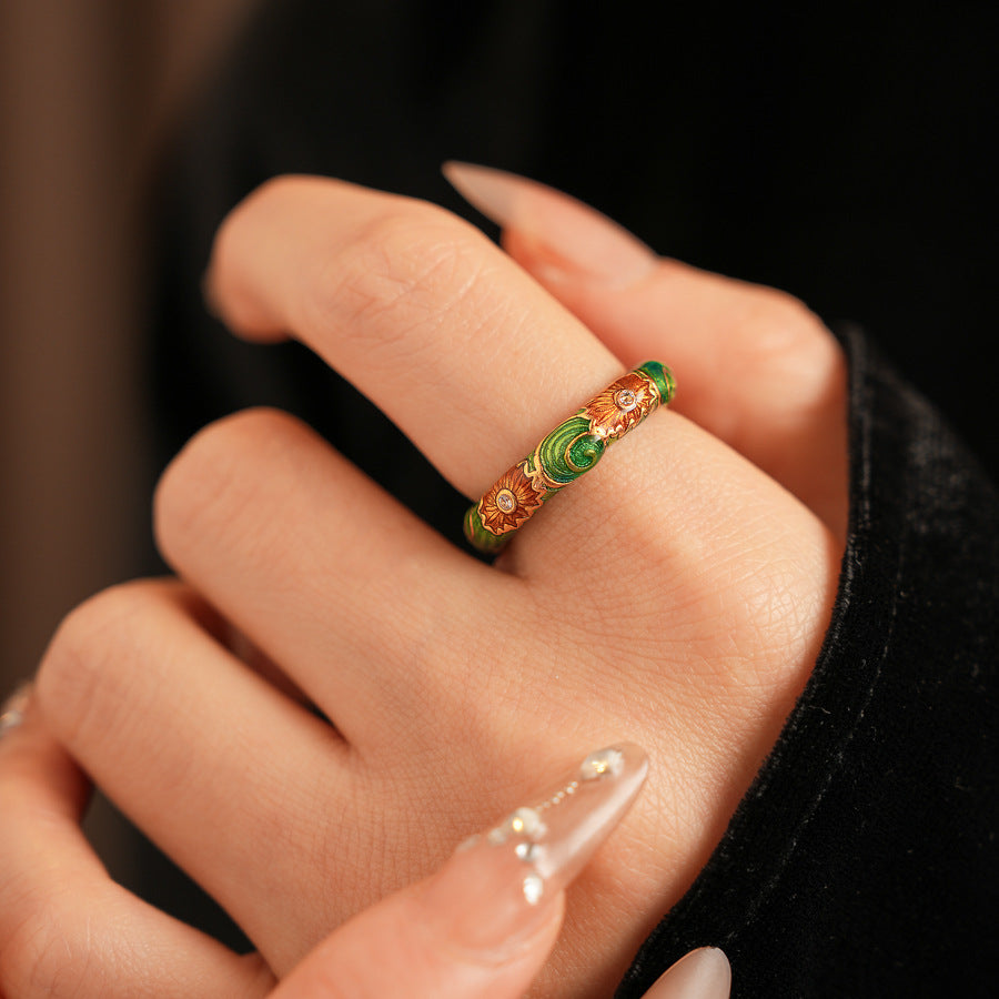 Bague florale vintage, émail vert, bague spectaculaire, perle diamant rétro, bague fleur pour femme, bijoux de mode