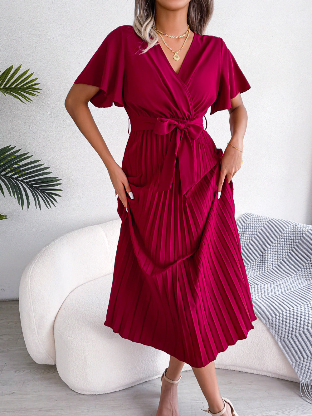 Femmes Robe longue plissée fluide élégante col V croisé