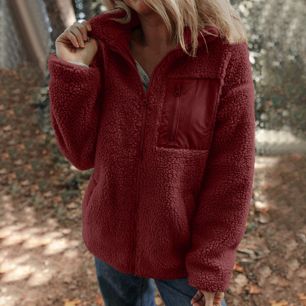 Manteau en peluche zippé, couleur unie, chaud et tendance, en laine d'agneau