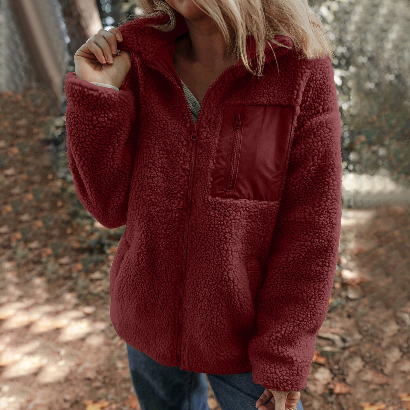 Manteau en peluche zippé, couleur unie, chaud et tendance, en laine d'agneau
