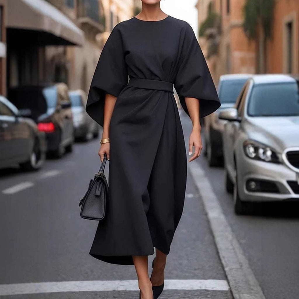 Robe Ample à Manches Chauve-souris, Taille Cintrée, Couleur Unie, Robes Élégantes pour Femme