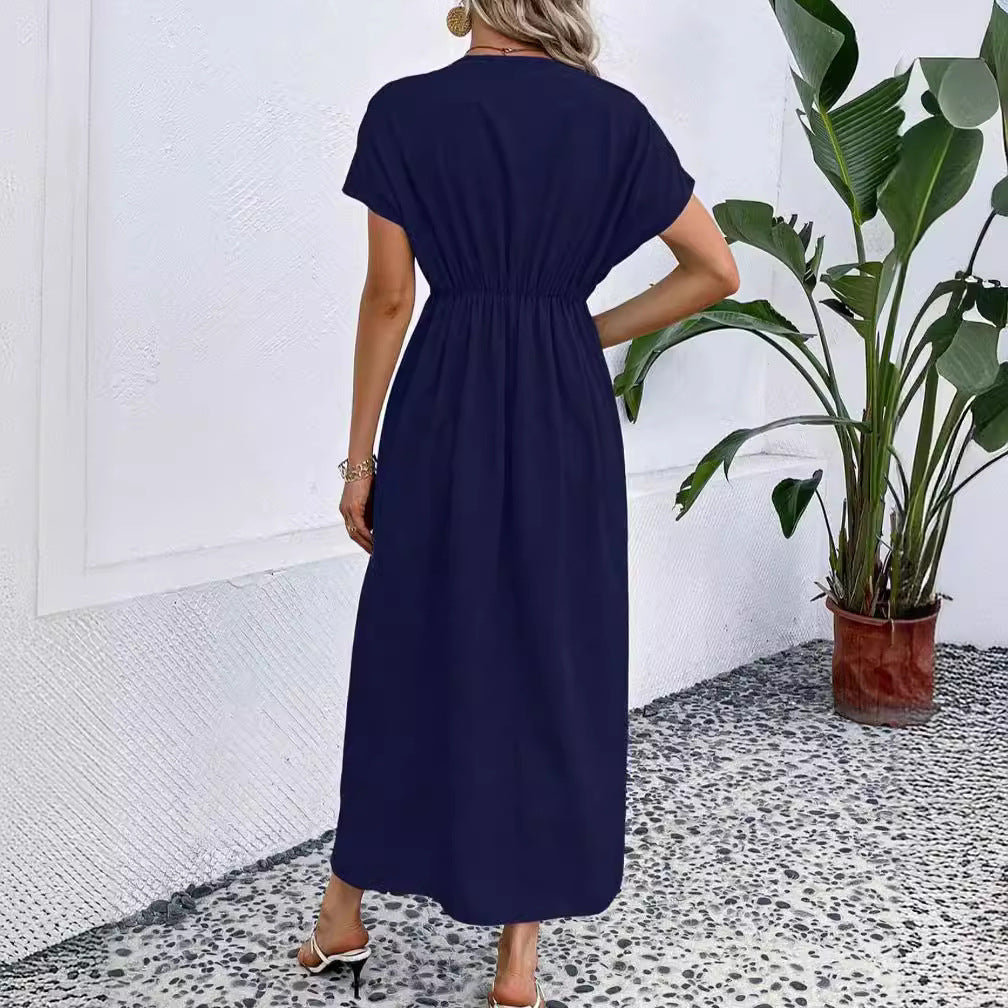 Robe longue unie à col en V profond, manches à épaules plissées et taille élastique