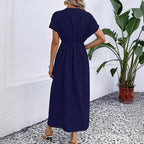 Robe longue unie à col en V profond, manches à épaules plissées et taille élastique