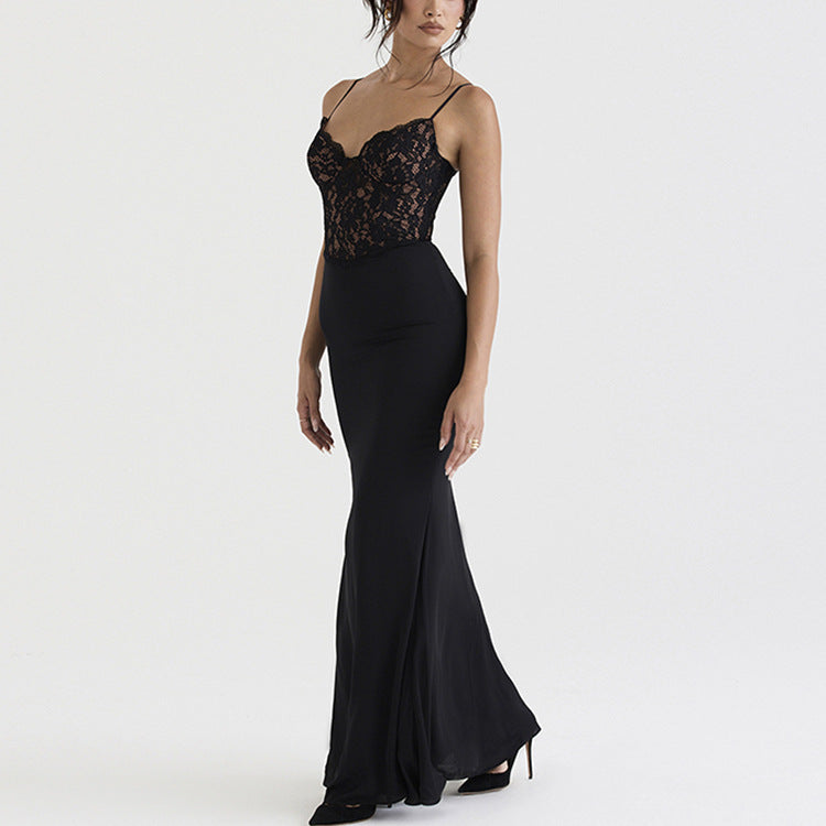 Robe longue à dentelle, taille haute, décolleté plongeant, dos nu, coupe sirène