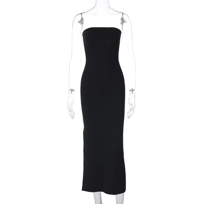 Robe longue fendue coupe ajustée de couleur unie