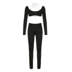 Ensemble deux pièces moulant tricoté de couleur unie avec lettres, haut court à manches longues et col rond, et leggings skinny taille haute