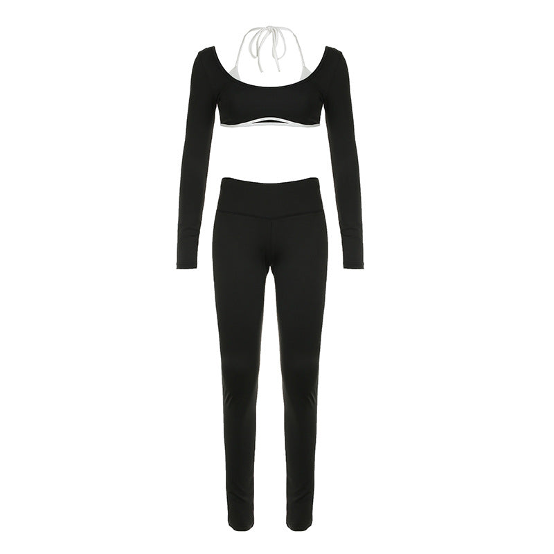 Ensemble deux pièces moulant tricoté de couleur unie avec lettres, haut court à manches longues et col rond, et leggings skinny taille haute
