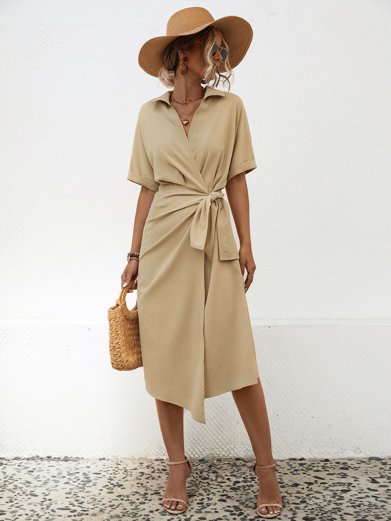 Robe courte à manches courtes pour femme, coupe ventre