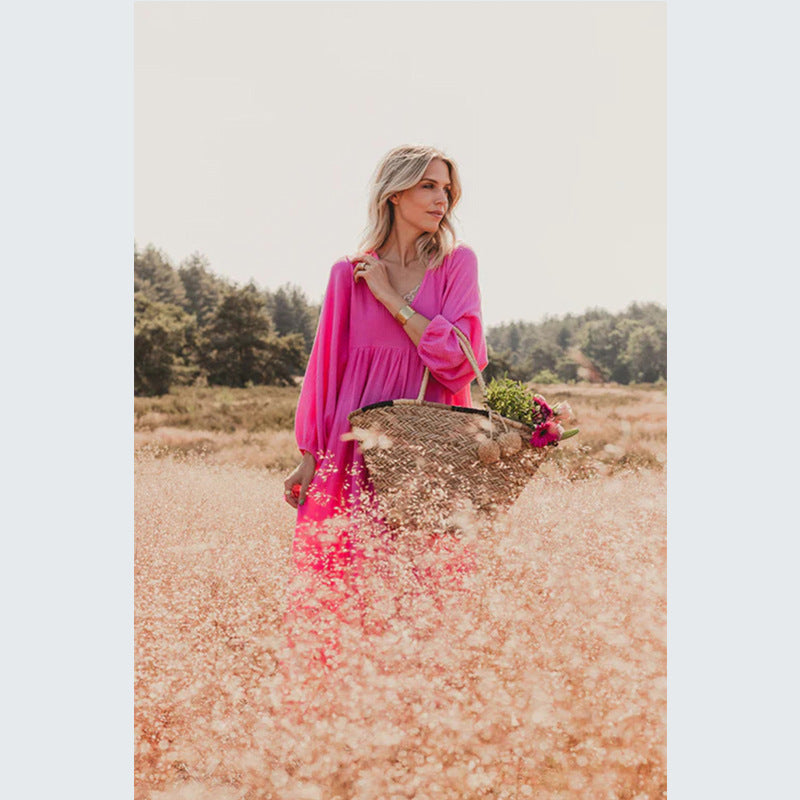 Robe ample col en V manches lanternes pour femme