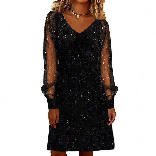 Robe élégante pour femme Col en V Manches en maille brillantes et lumineuses Mini-robes pour femmes Robe de soirée noire d'automne et d'hiver Main Image