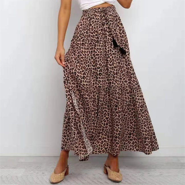 Nouvelle jupe large léopard marron en coton élastique taille haute Hover Image
