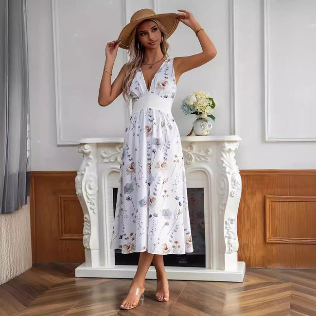 Nouvelle robe d'été sans manches à col en V, taille haute imprimée pour femmes Main Image