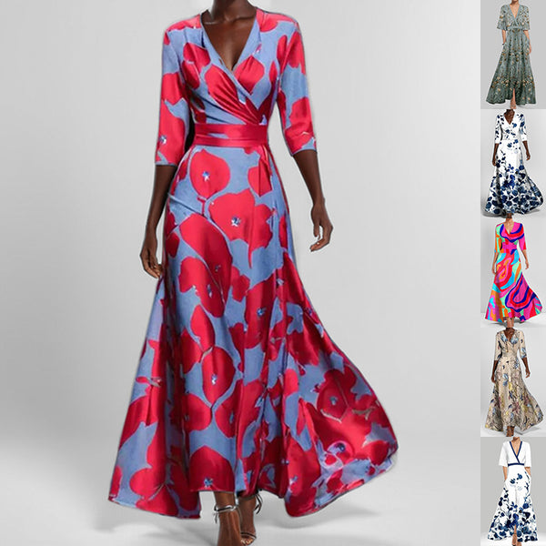 Robe mi-manches à imprimé mode col en V tempérament mince taille serrée pour femmes
