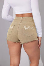 Short en jean brodé élégant et non extensible à taille mi-haute pour femme