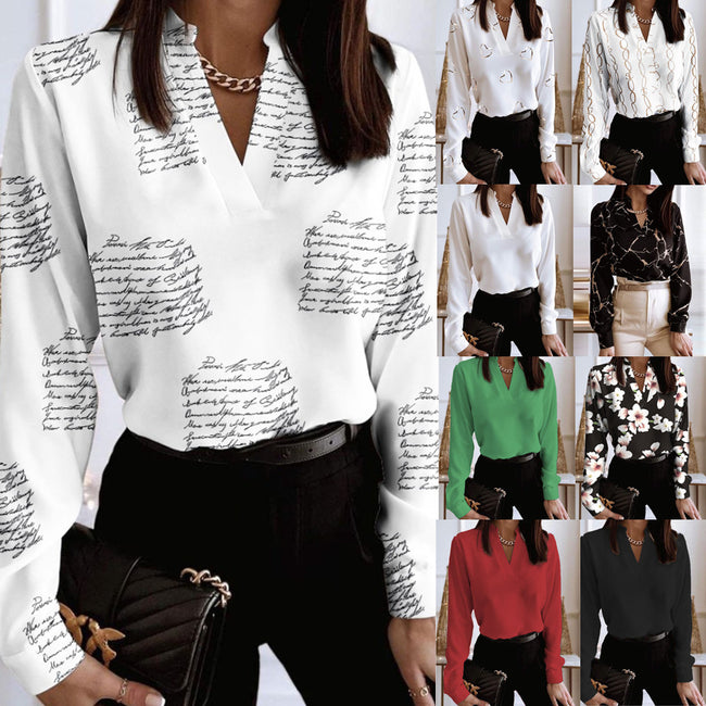 Haut chemise imprimé ample col en V manches longues printemps pour femmes Hover Image