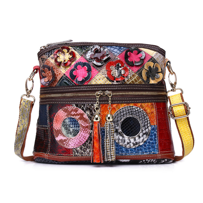 Sac bandoulière en cuir véritable, couleur serpentine, fait main, décontracté, avec pompons et fleurs, pour femme Main Image