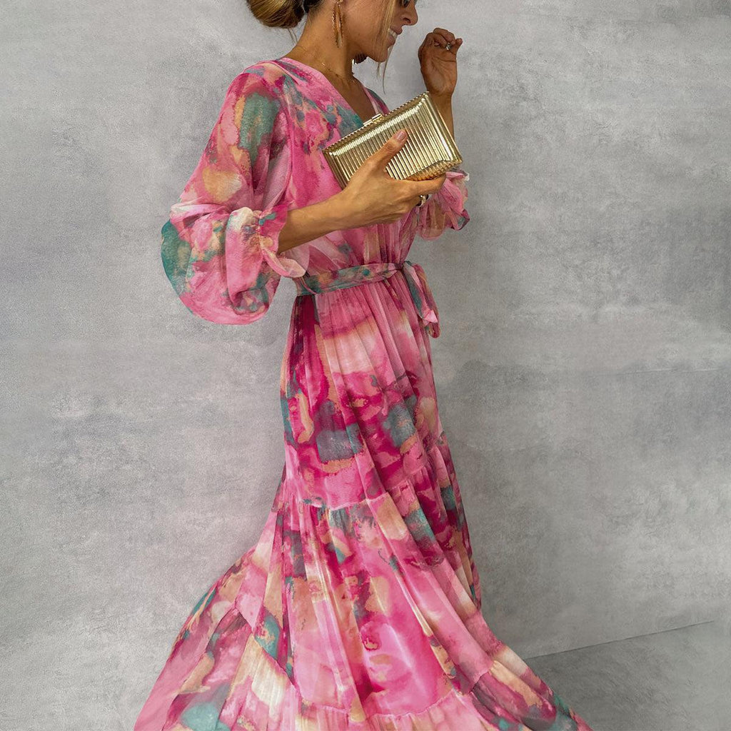 Robe longue fleurie à manches longues, élégante, col en V, plissée, taille haute, grand ourlet évasé en mousseline de soie pour femme