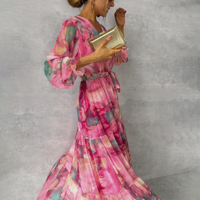 Robe longue fleurie à manches longues, élégante, col en V, plissée, taille haute, grand ourlet évasé en mousseline de soie pour femme Main Image
