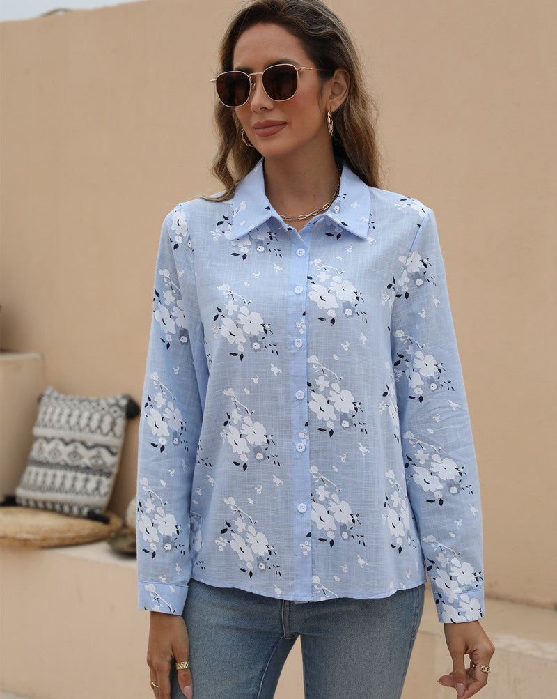 Chemise en lin et coton imprimée décontractée ample à manches longues pour femmes