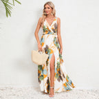 Robe longue sans manches col en V imprimé floral mode d'été avec ceinture et fente pour femme
