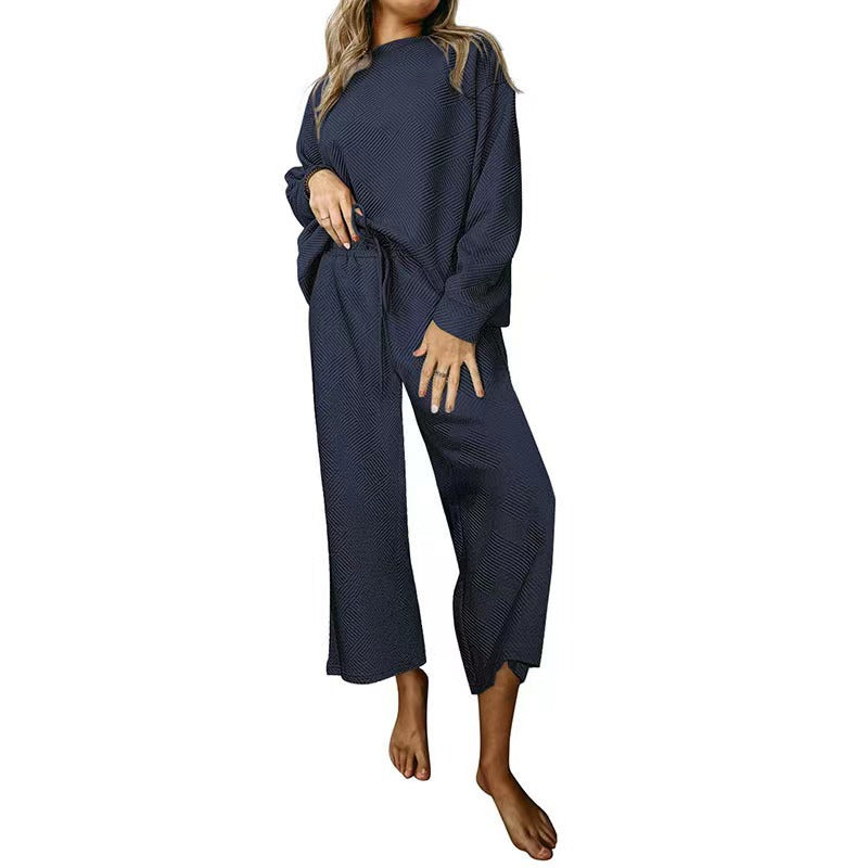 Ensemble deux pièces de sport ample à cordon, de couleur unie, style décontracté européen et américain.