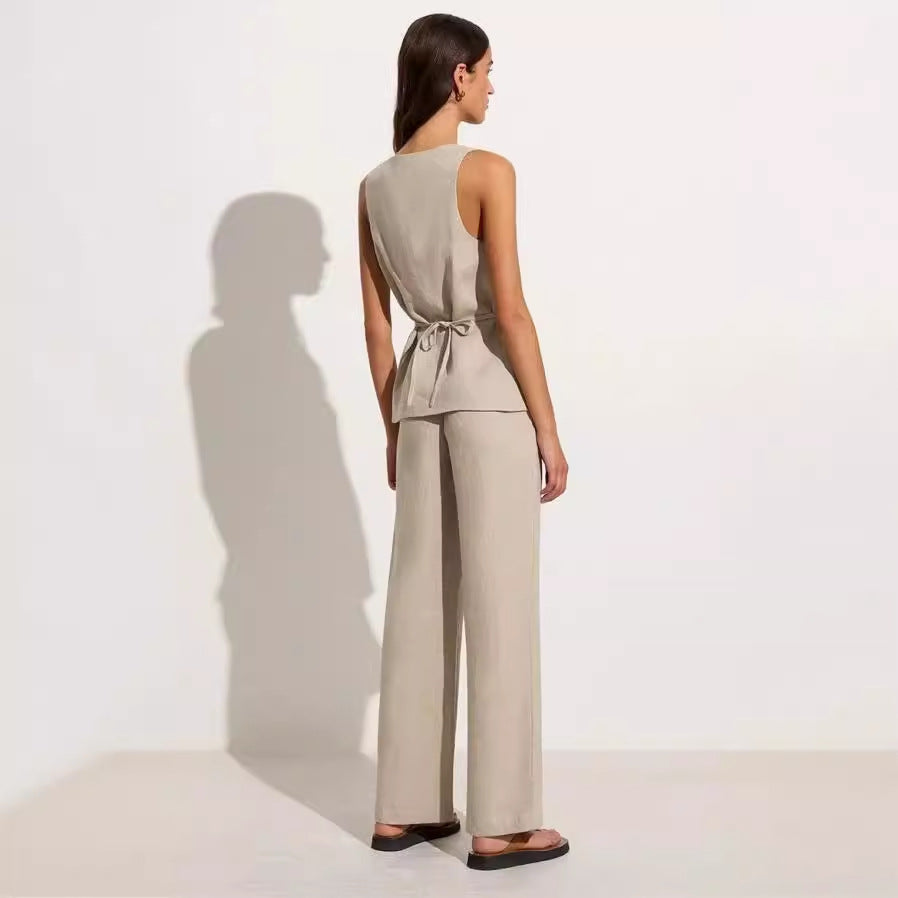 Ensemble deux pièces gilet sans manches et pantalon, col carré, en coton