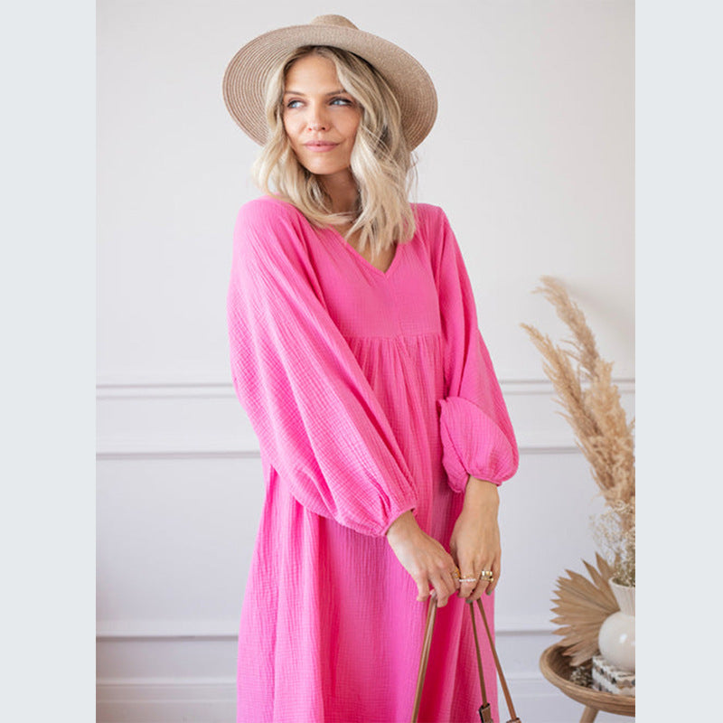 Robe ample col en V manches lanternes pour femme