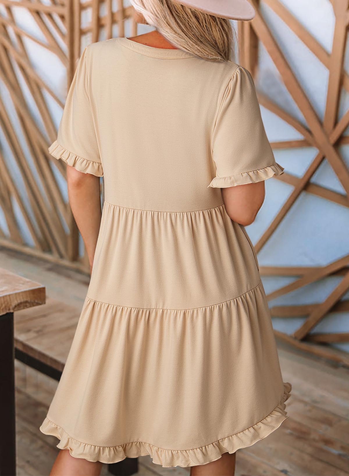 Robes d'été pour femmes Col en V Manches courtes Décontracté Coupe évasée Fluide Robe trapèze Mini-robe