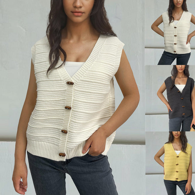 Gilet Femme Tricoté Col V Sans Manches Boutons Corne Hover Image