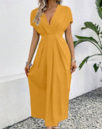 Robe longue unie à col en V profond, manches à épaules plissées et taille élastique