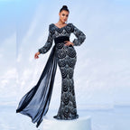 Robe de soirée longue à sequins, manches longues, col en V, avec ruban