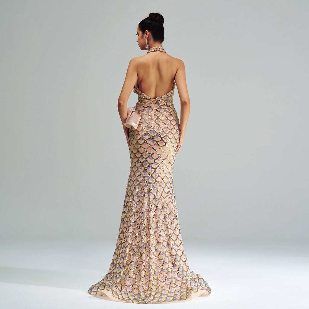 Robe de soirée sirène à licou et sequins