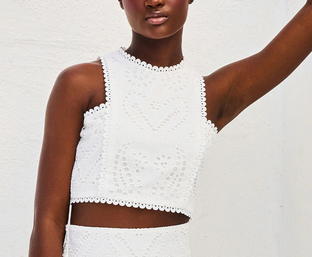 Élégance Vêtement Féminin Robe Longue sans Manches Broderie Dentelle Combinaison de Vacances Ensemble Deux Pièces