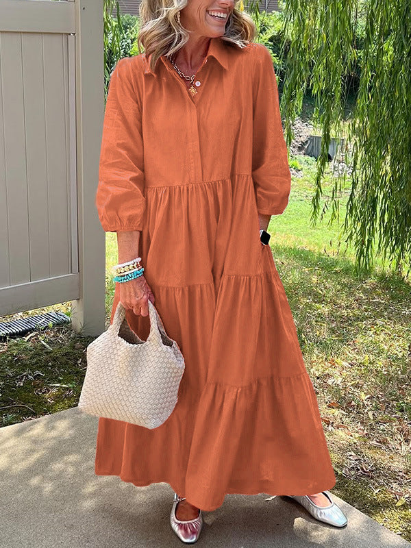 Robe ample décontractée à revers, manches mi-longues et grand tombé