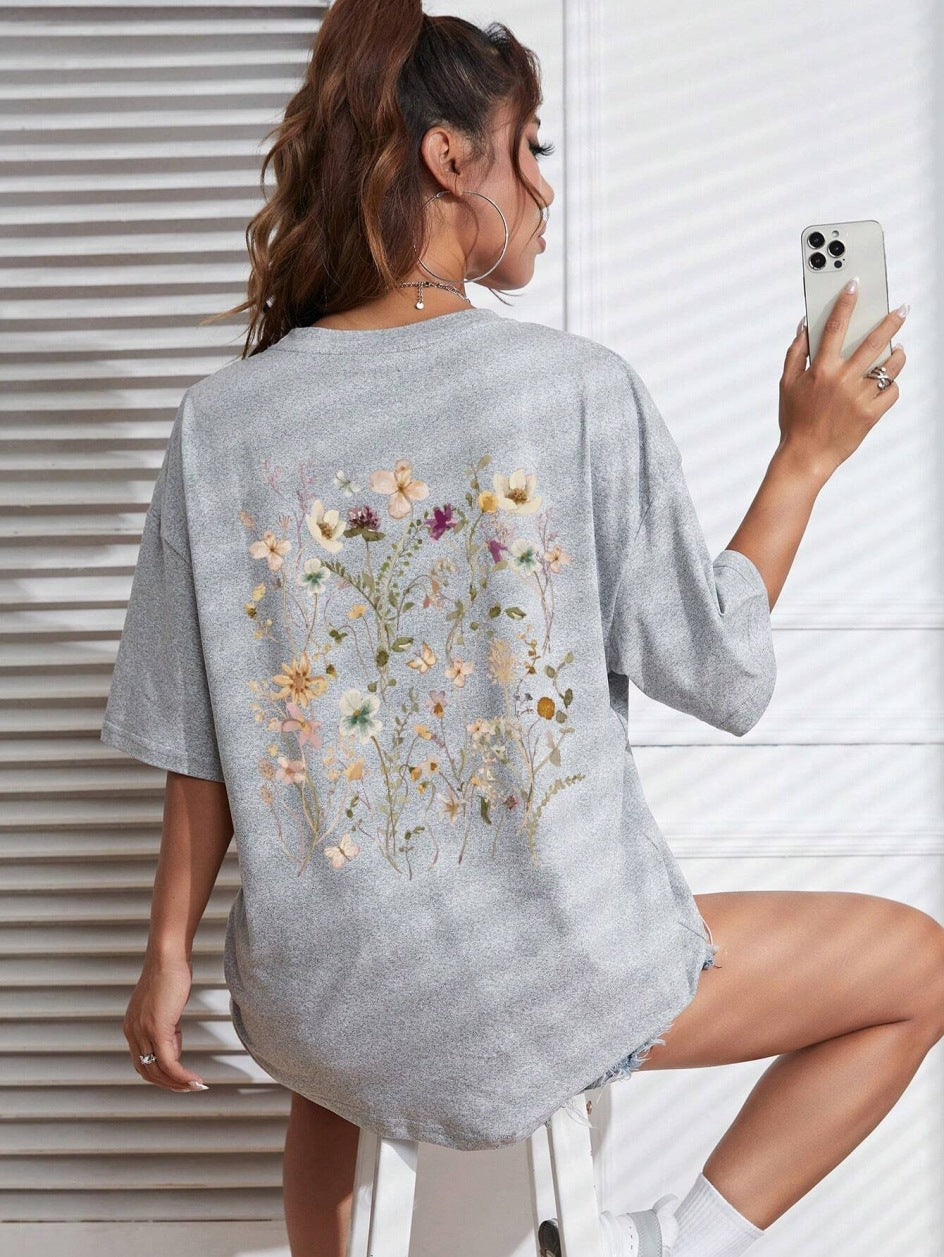 T-shirts décontractés en coton imprimés grappes de fleurs pour femmes