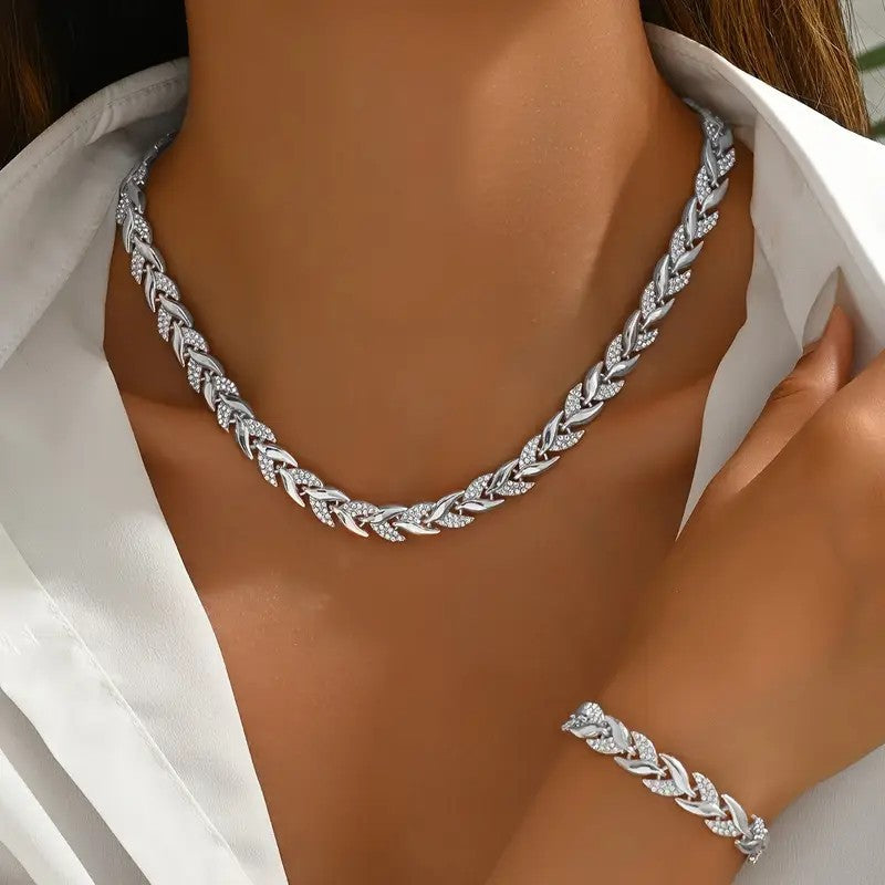 Parure Collier et Bracelet Femme avec Feuilles en Verre et Strass Élégants, Bijoux de Luxe à la Mode