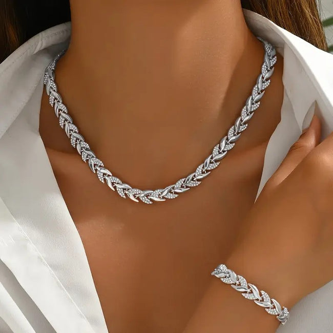 Parure Collier et Bracelet Femme avec Feuilles en Verre et Strass Élégants, Bijoux de Luxe à la Mode Main Image