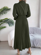 Women's Casual Lapel Button Long Sleeve Tie Waist Pleated Maxi Dress