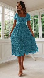 Square Collar Short Sleeve Dress Summer Puff Floral Printed Dress Long Dresses