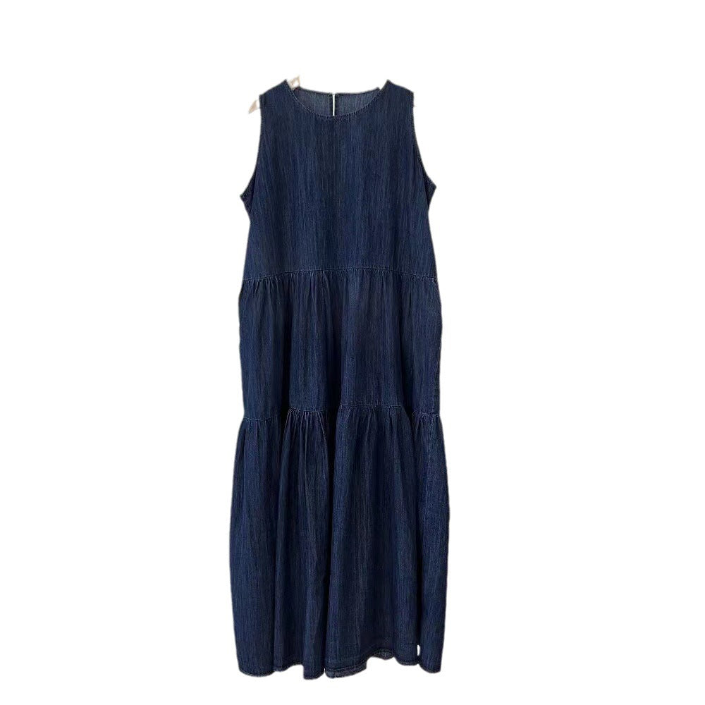 Robe mi-longue en jean sans manches pour femme