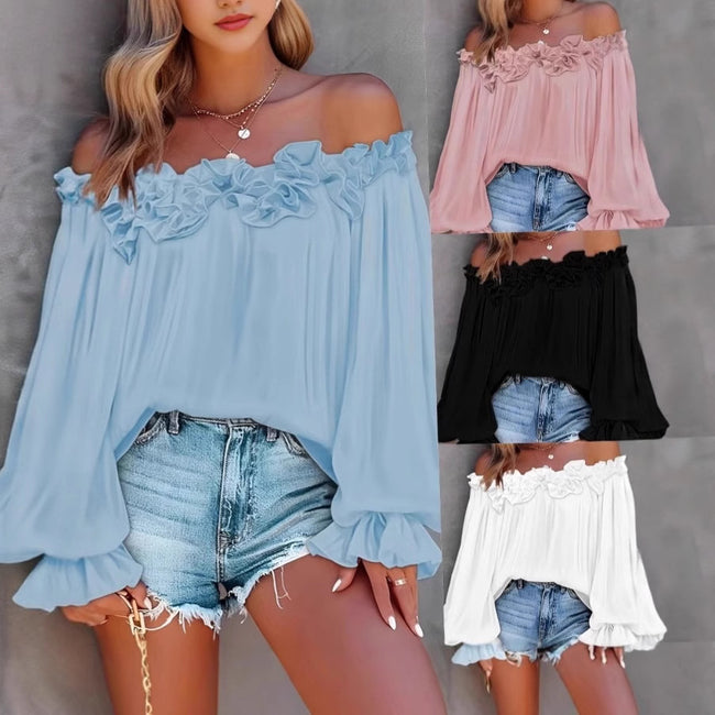 Chemisier décontracté épaules dénudées haut à manches longues chemise à manches feuille de lotus vêtements amples pour femmes Hover Image
