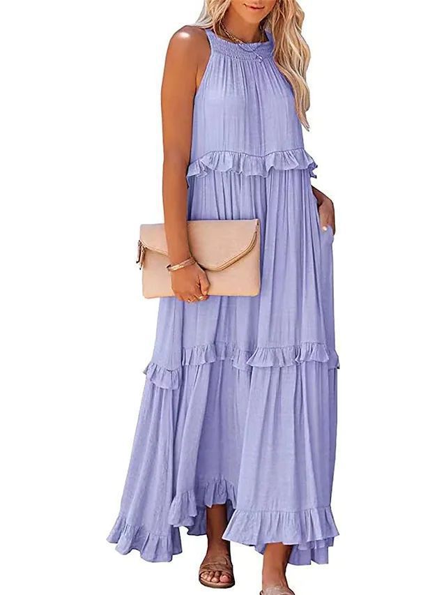 Robe longue d'été de style licou pour femmes, mode dos nu, lacets, volants amples, robe de plage élégante pour dames, Vestidos Main Image