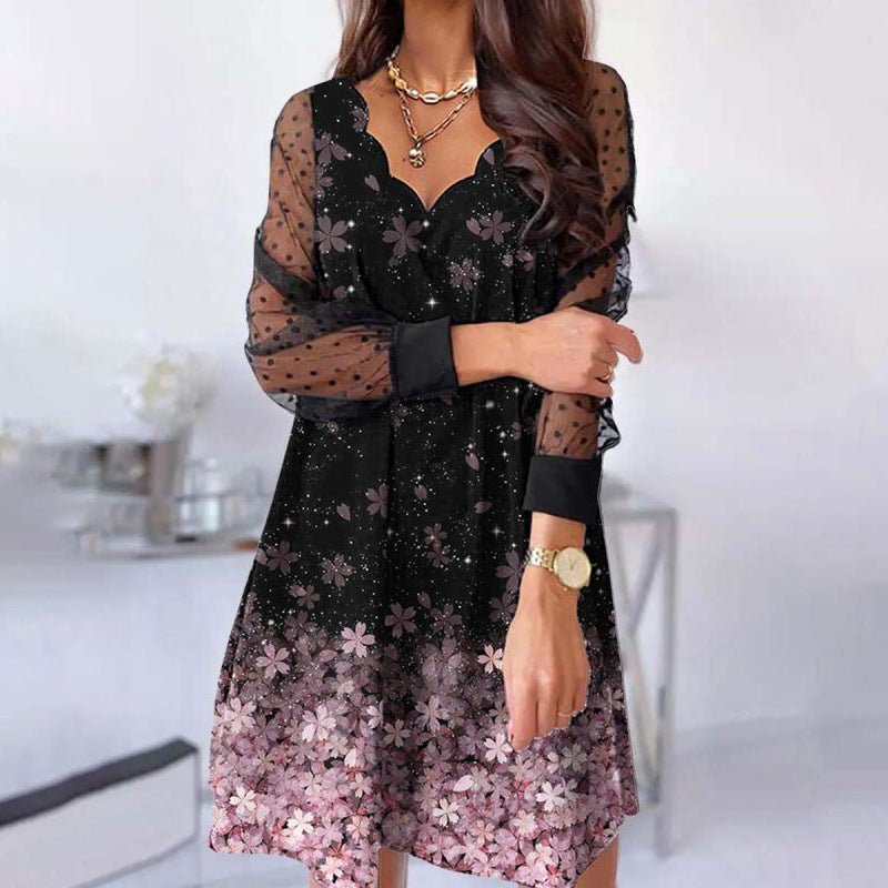 Robe décontractée à manches longues en dentelle avec col en V ondulé