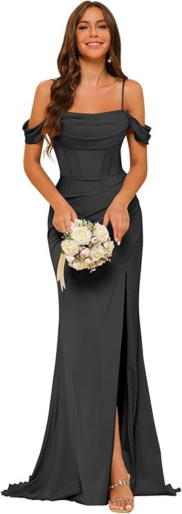 Robe de bal corset en satin épaules dénudées pour demoiselle d'honneur