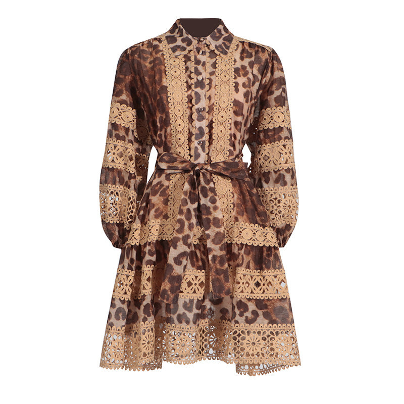 Robe longue à manches longues avec imprimé léopard ajouré pour femme