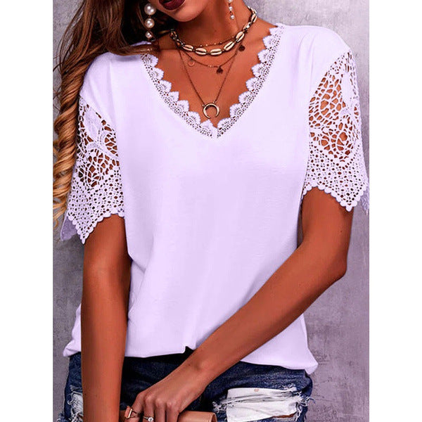 Tops en dentelle femme été col en V ample manches courtes chemises décontractées