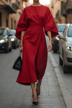 Robe Ample à Manches Chauve-souris, Taille Cintrée, Couleur Unie, Robes Élégantes pour Femme